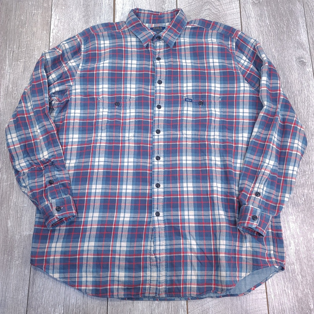 Polo Ralph Lauren Flannel Shirt Mens XLT Blue Red Plaid Classic Fit Lined LS